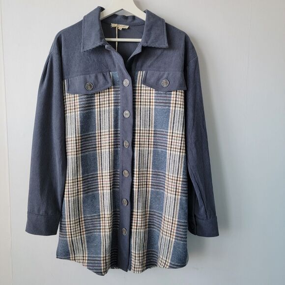 Mystree Tops - mystree women's shacket size S plaid corduroy button down blue